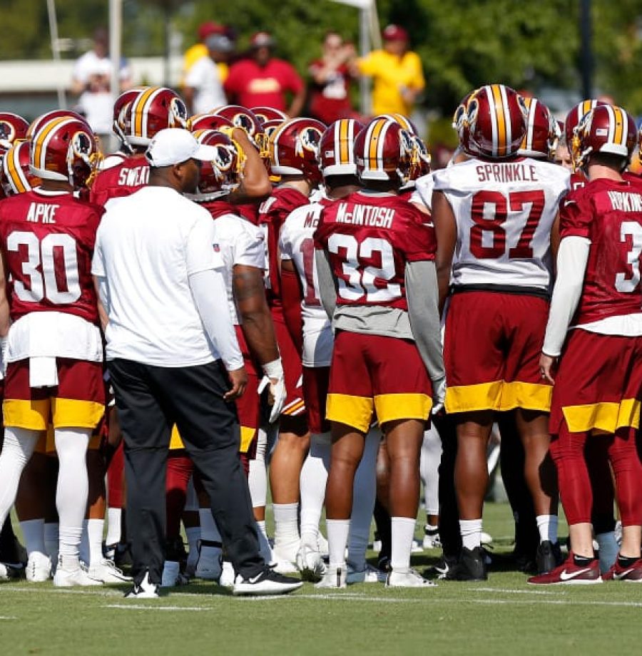 Jul 25, 2019; Richmond, VA, USA; Washington Redskins players huddle during practice on day one of training camp at Bon Secours Washington Redskins Training Center. Mandatory Credit: Geoff Burke-USA TODAY Sports